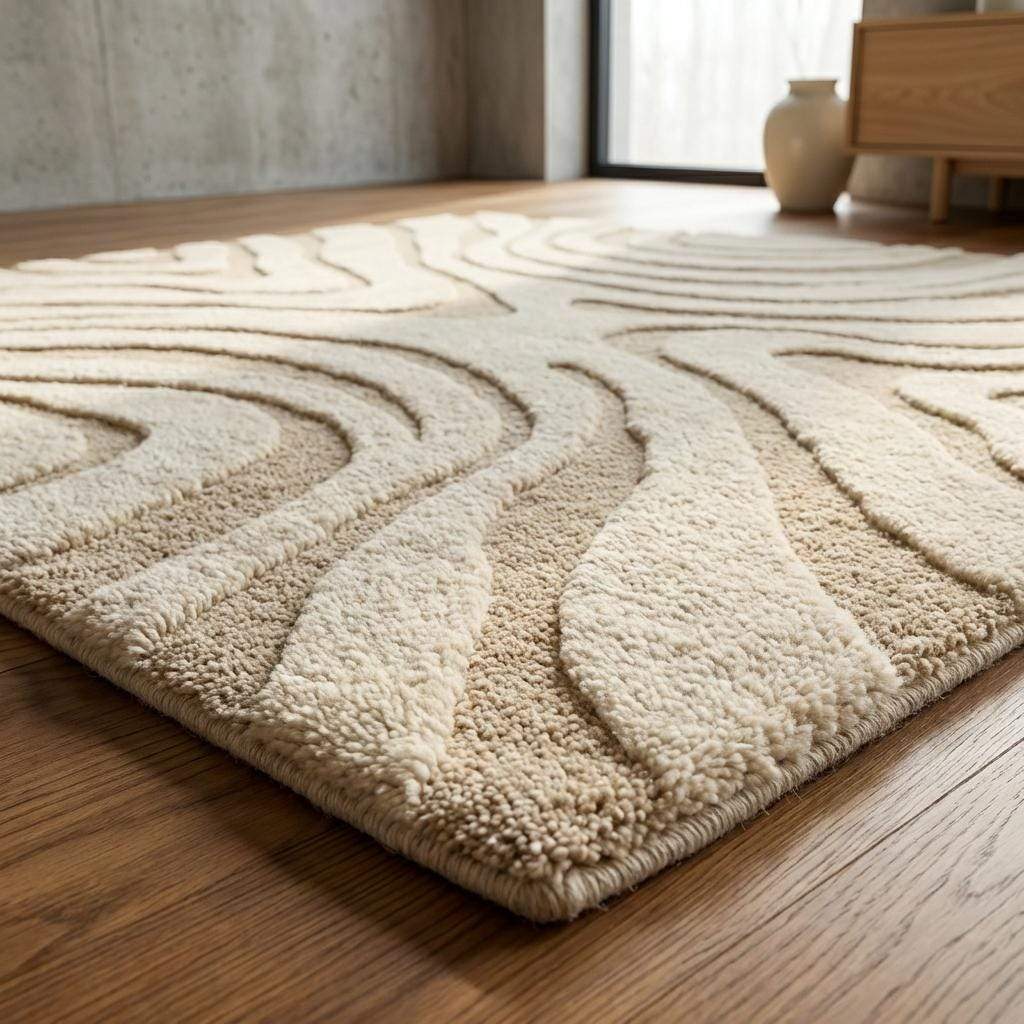 Modern Hand Tufted Wool Rug, Neutral Wavy Abstract Area Rug, Cozy Housewarming Gift