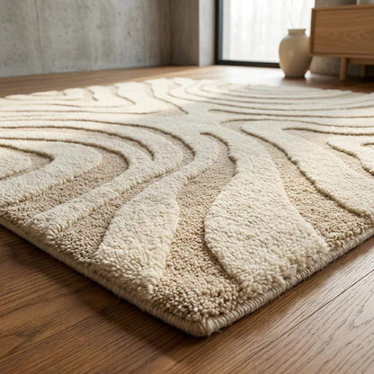 Modern Hand Tufted Wool Rug, Neutral Wavy Abstract Area Rug, Cozy Housewarming Gift