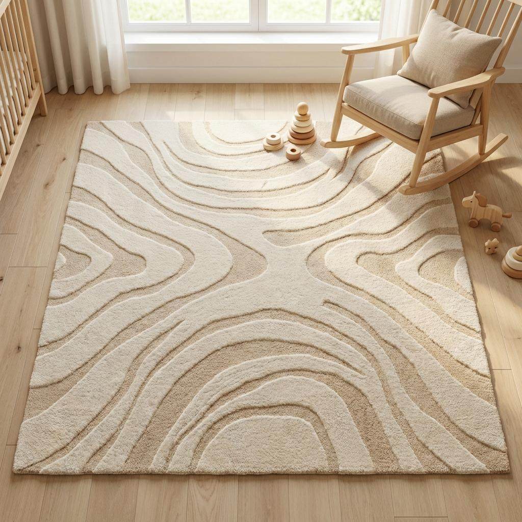Modern organic wavy rug hand tufted wool, cream and sand color palette, statement minimalist floor decor for living room, bedroom, meditation room, cozy premium feel.