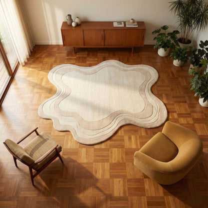Irregular shaped hand tufted area rug in cream color with organic abstract design, modern minimal rug styled in a contemporary living room __etsy:7514437960