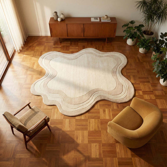 Irregular shaped hand tufted area rug in cream color with organic abstract design, modern minimal rug styled in a contemporary living room __etsy:7514437960