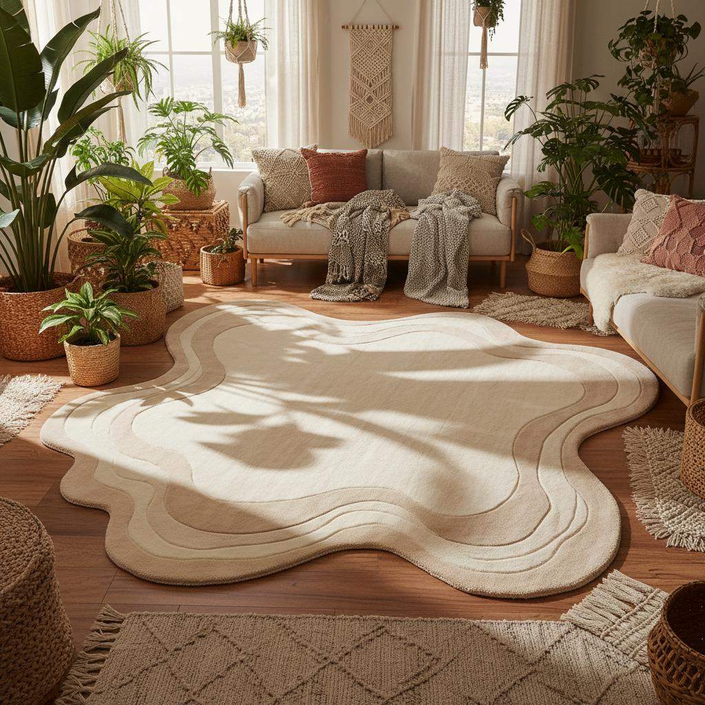 Cream irregular area rug featuring layered texture and freeform silhouette, contemporary designer rug for living room __etsy:7514436766