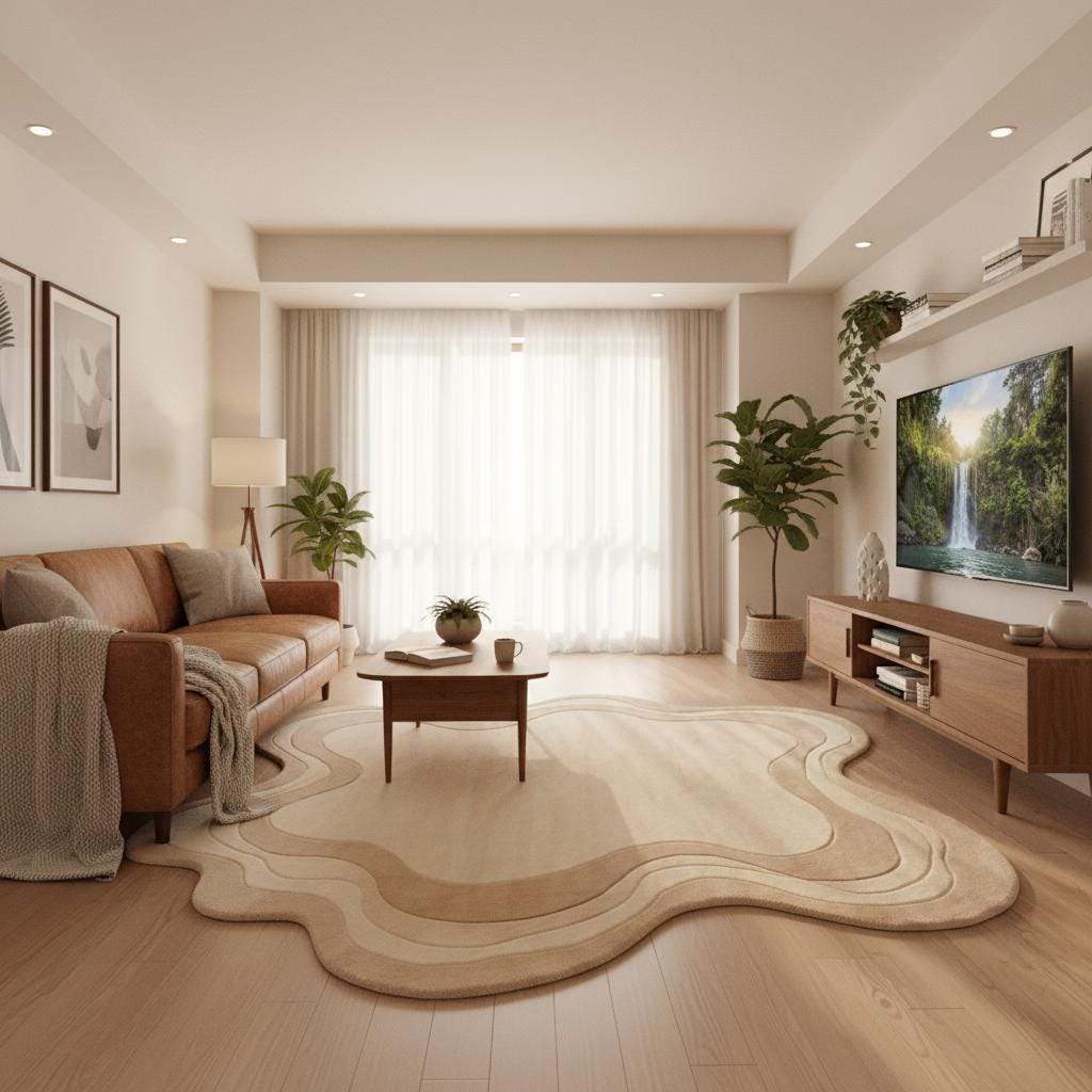 Handcrafted organic shaped rug in soft ivory tones, minimal modern area rug with sculpted pattern __etsy:7562373983