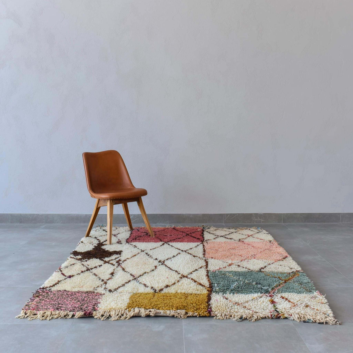 Modern Moroccan rug with colorful geometric shag texture and Berber diamond patterns