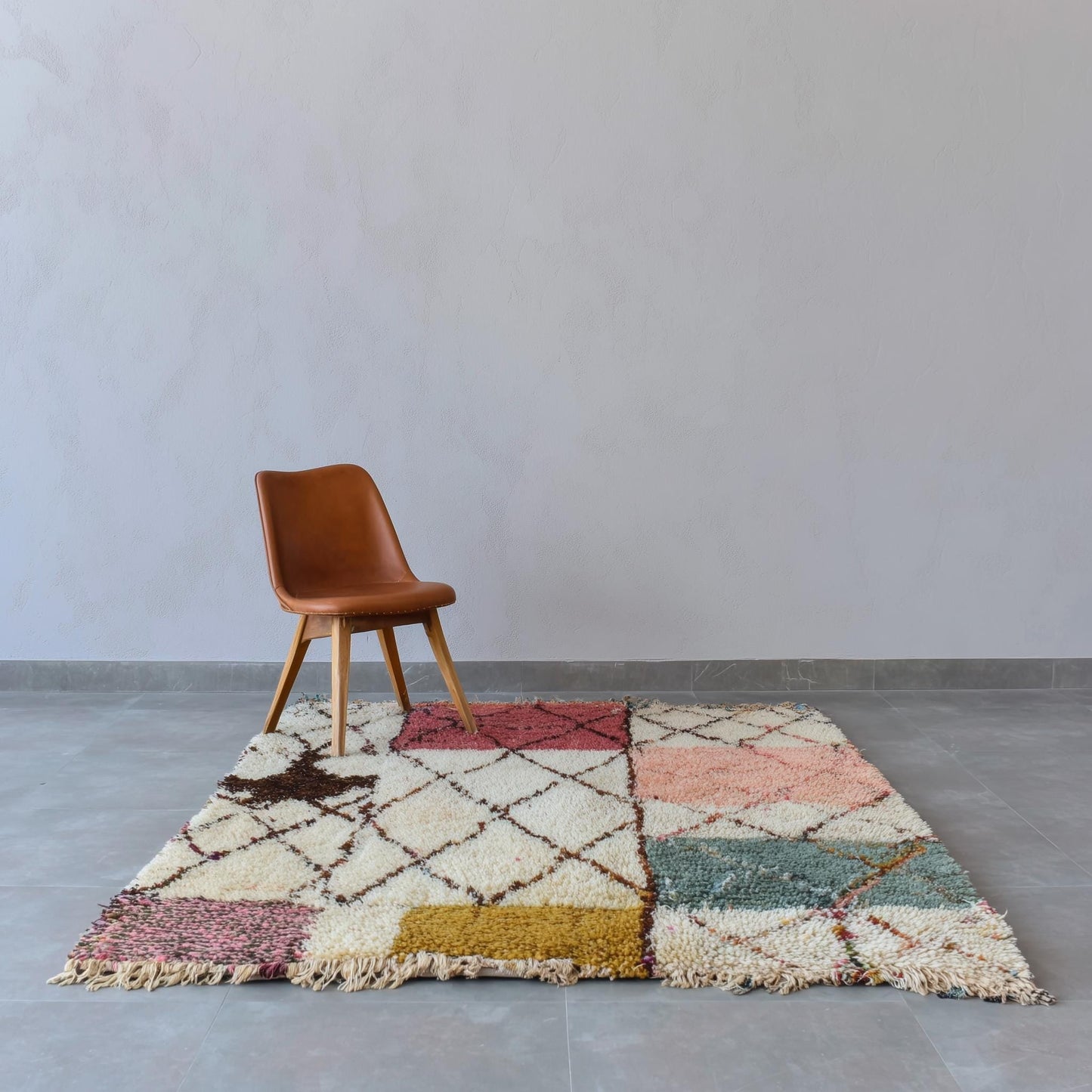 Modern Moroccan rug with colorful geometric shag texture and Berber diamond patterns