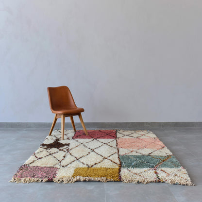 Modern Moroccan rug with colorful geometric shag texture and Berber diamond patterns