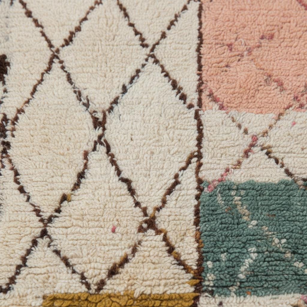 Modern Moroccan rug with colorful geometric shag design and Berber diamond patterns in a cozy boho style