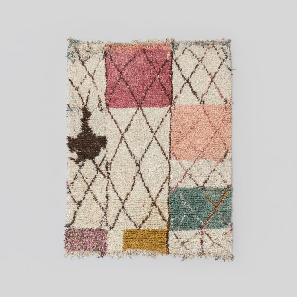 Colorful geometric modern Moroccan rug with shag texture and Berber diamond patterns in a boho living room setting