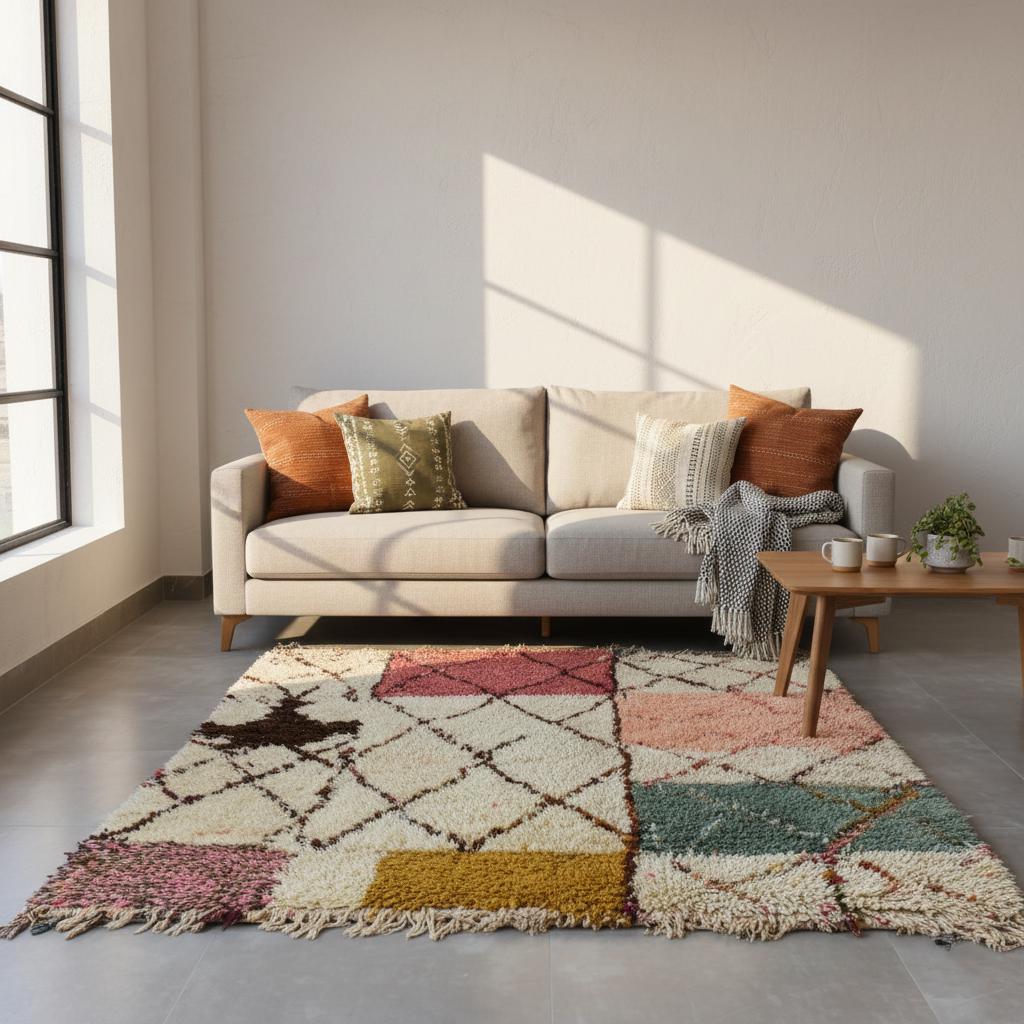 Colorful modern Moroccan rug with geometric shag design and Berber diamond patterns in a cozy boho style