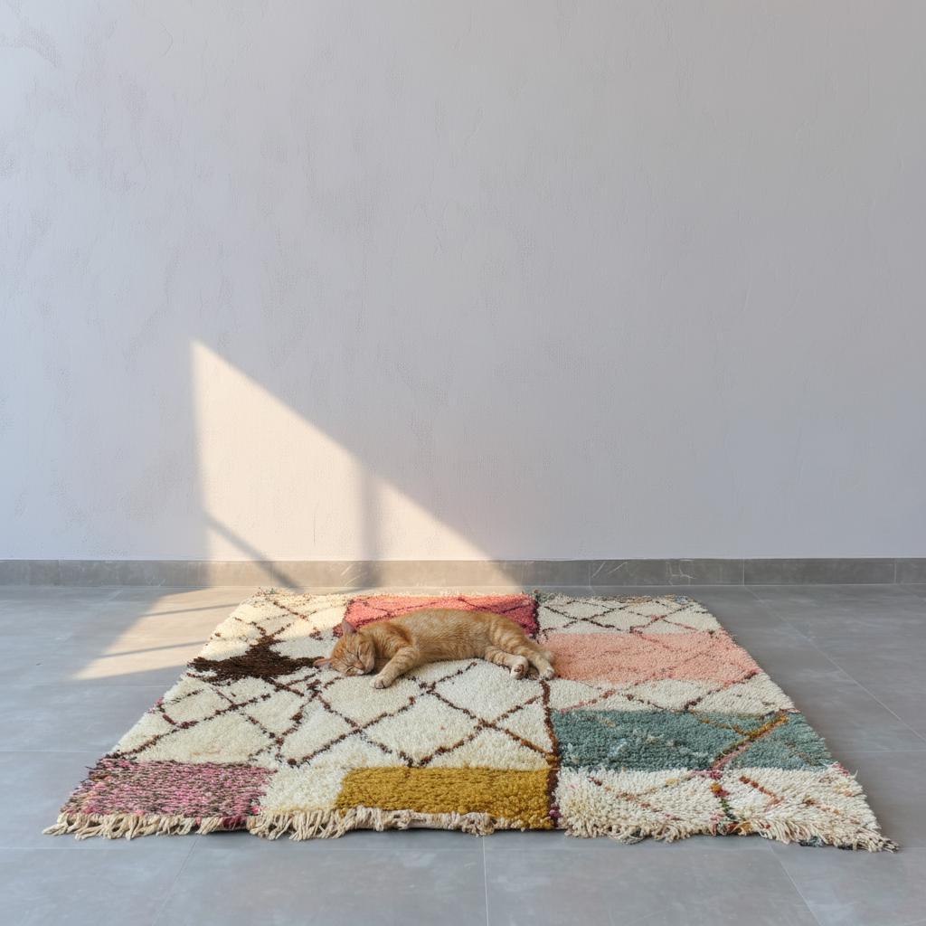 Modern Moroccan rug with colorful geometric and Berber diamond patterns in a soft shag texture
