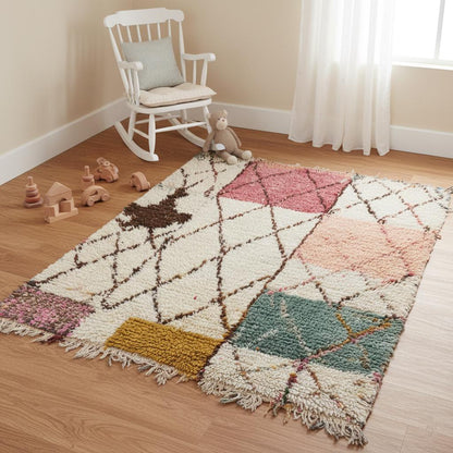 Modern Moroccan rug with colorful geometric and Berber diamond patterns in shag texture, 9x12 boho area carpet