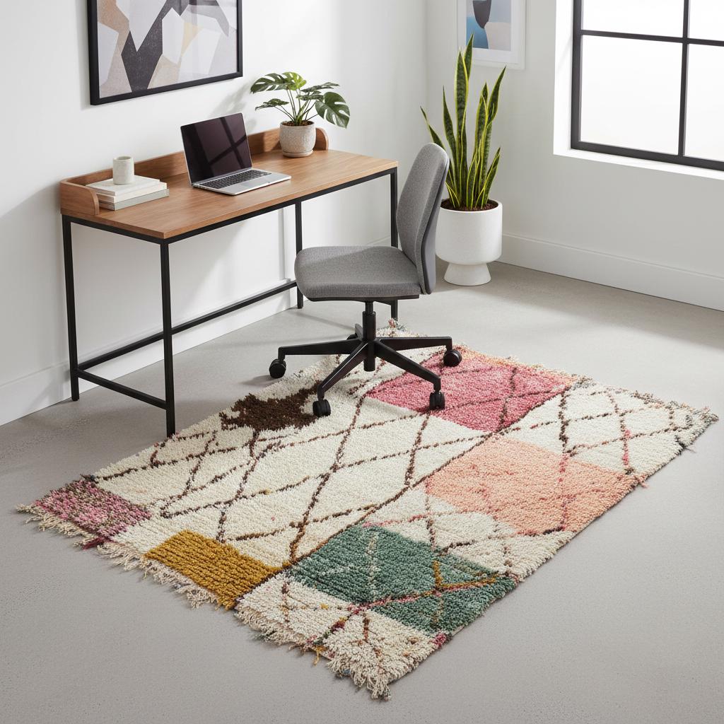 Colorful modern Moroccan rug with geometric berber patterns and soft shag texture in boho living room setting