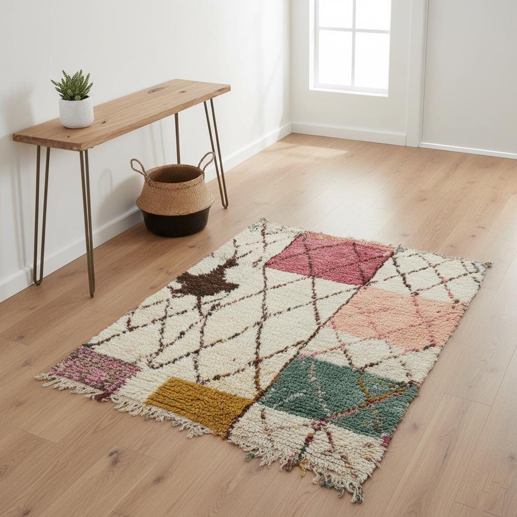 Colorful modern Moroccan rug with geometric shag and Berber diamond patterns on wooden floor