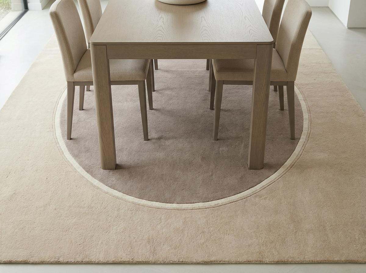Modern neutral oval hand tufted wool area rug in beige and taupe tones in a contemporary living room setting