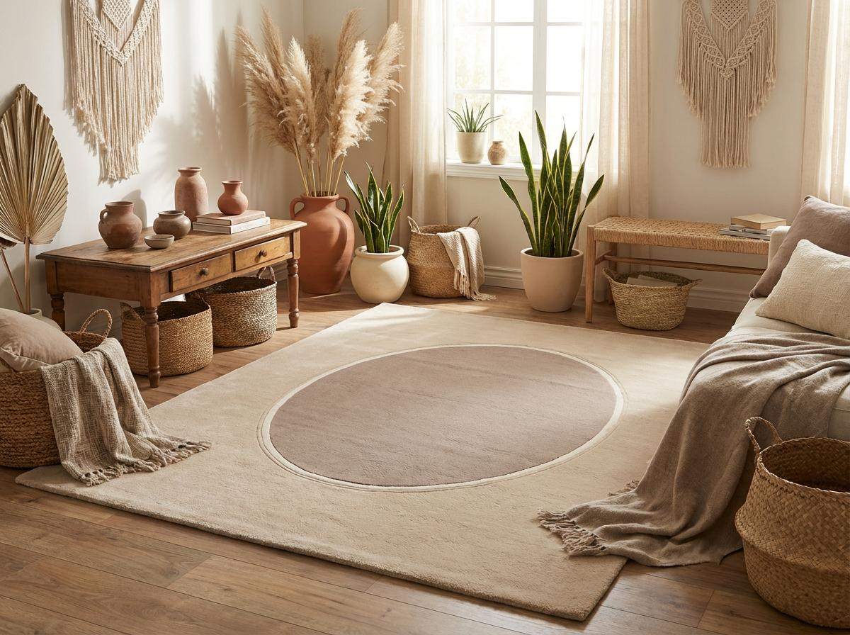 Modern neutral oval hand tufted wool area rug in beige and taupe tones with soft oval center pattern in contemporary living room
