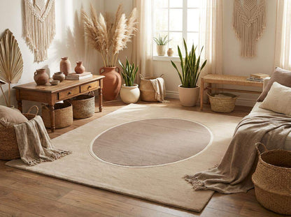Modern neutral oval hand tufted wool area rug in beige and taupe tones with soft oval center pattern in contemporary living room
