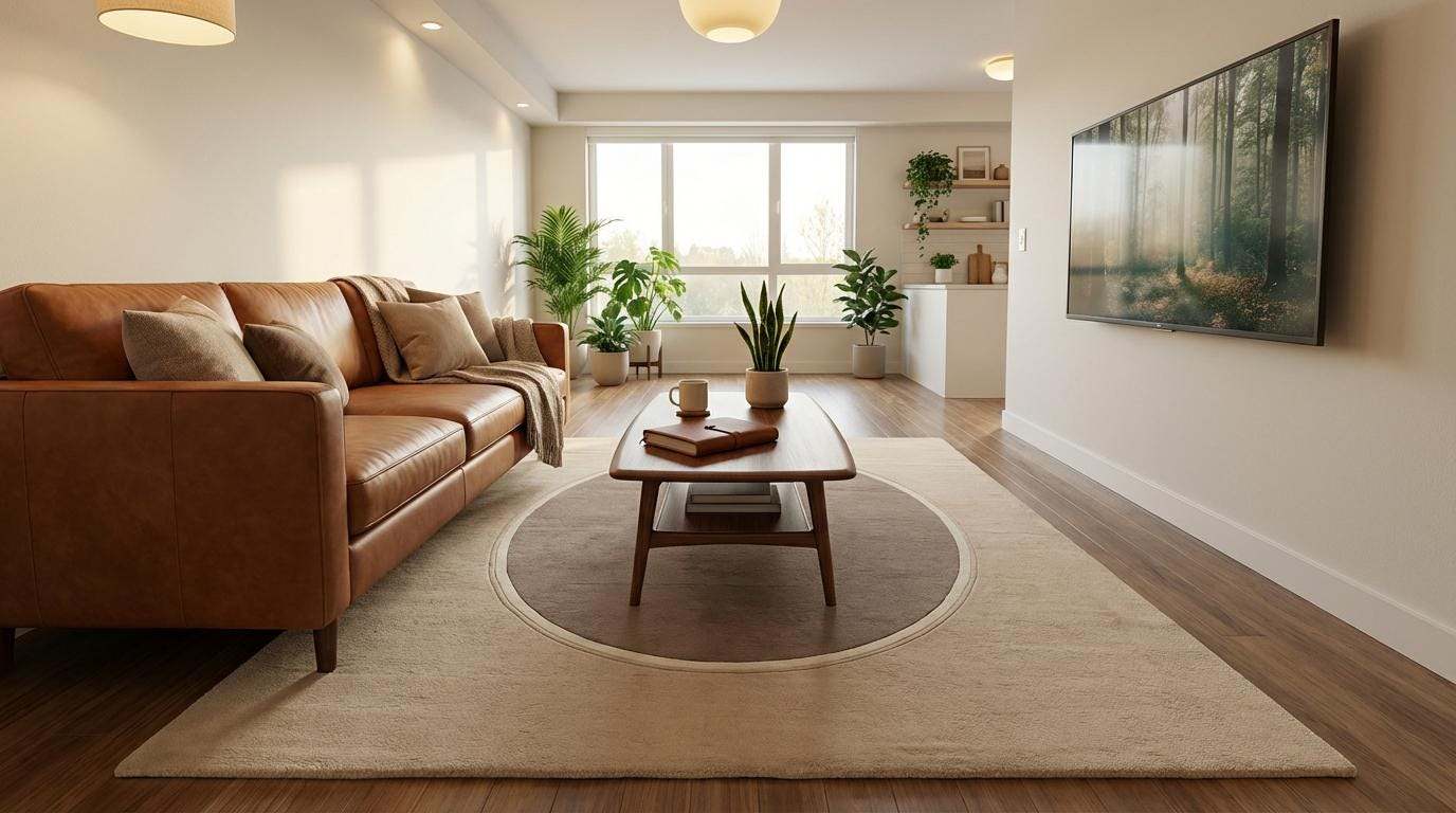 Modern neutral oval hand tufted wool rug with soft beige and taupe tones in contemporary living room