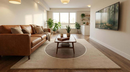 Modern neutral oval hand tufted wool rug with soft beige and taupe tones in contemporary living room