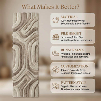 Modern Neutral Runner Rug Hand Tufted Plush Kitchen Hallway Abstract Textured Decor Home Entryway