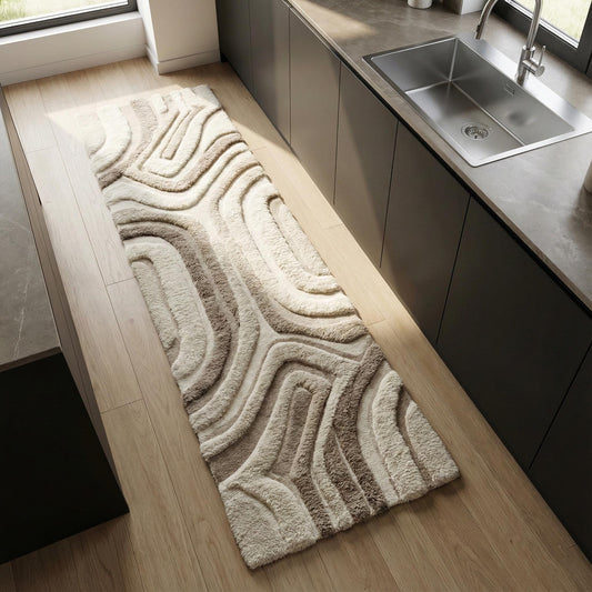 Modern neutral runner rug hand-tufted with abstract textured plush design for kitchen hallway and entryway decor