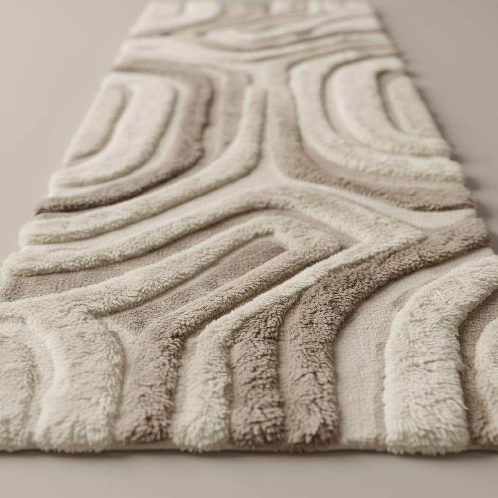Close-up of plush hand tufted runner rug showing dense cut pile texture, sculpted abstract curves, and soft ivory beige wool fibers