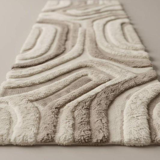 Close-up of plush hand tufted runner rug showing dense cut pile texture, sculpted abstract curves, and soft ivory beige wool fibers