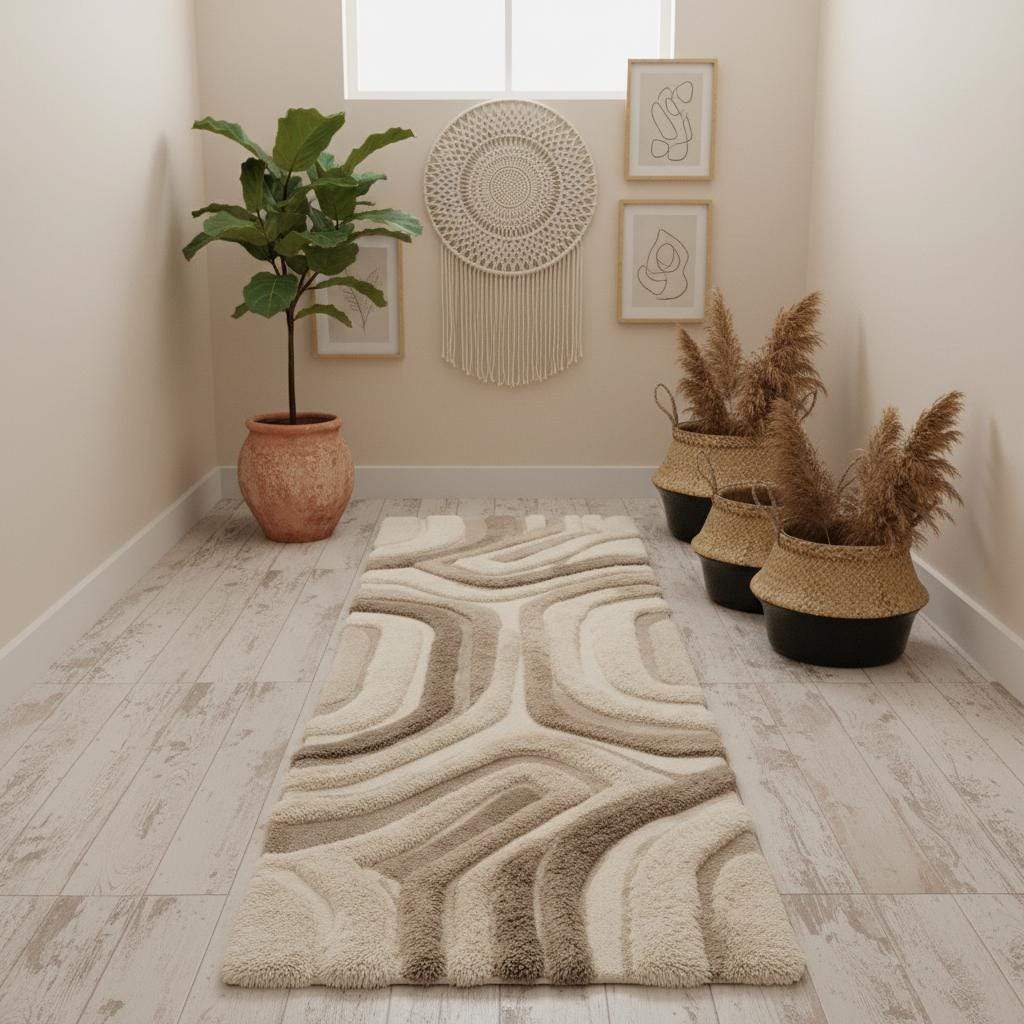 Neutral abstract runner rug styled in a modern kitchen with light wood flooring and minimalist cabinetry