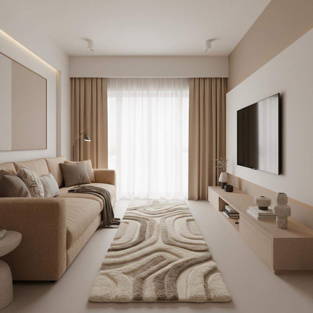 Abstract curved line pattern on modern runner rug with layered texture and tonal beige and ivory color blocking