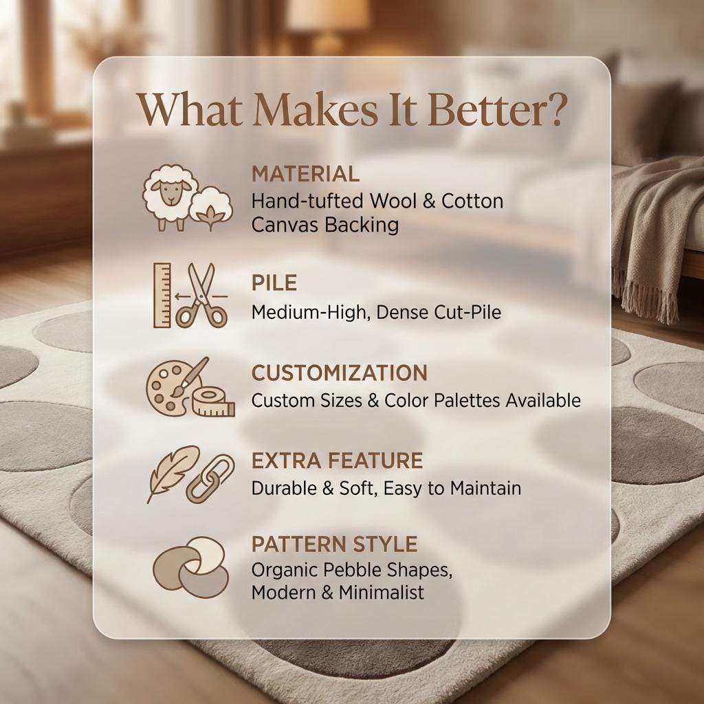 Modern pebble pattern tufted wool area rug in neutral tones for minimalist living room decor
