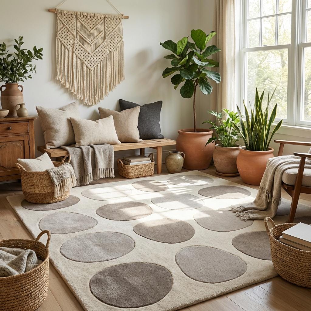 Modern pebble pattern tufted wool area rug with neutral tones in minimalist living room