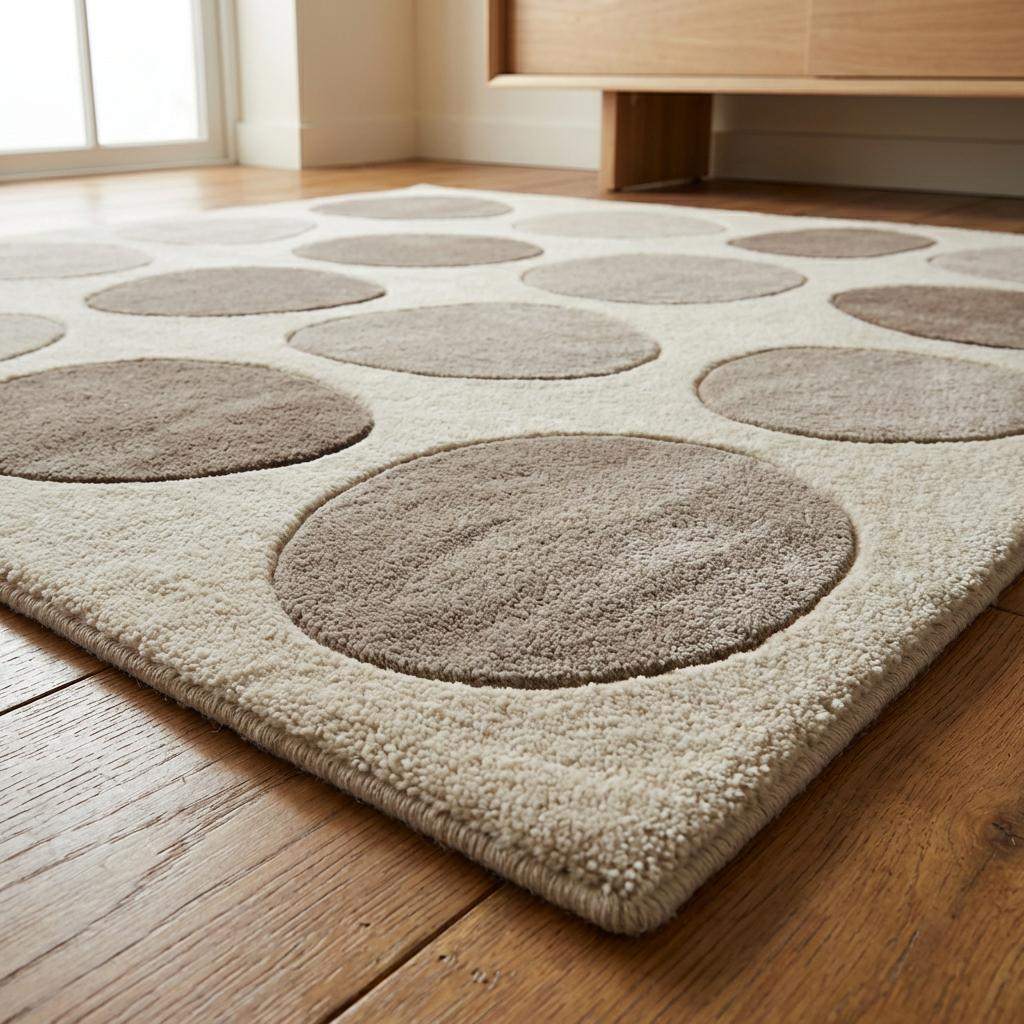 Modern pebble pattern tufted wool area rug with neutral tones in a living room setting