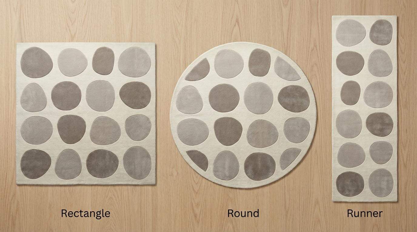 Modern pebble pattern tufted wool area rug in neutral tones for minimalist living room decor