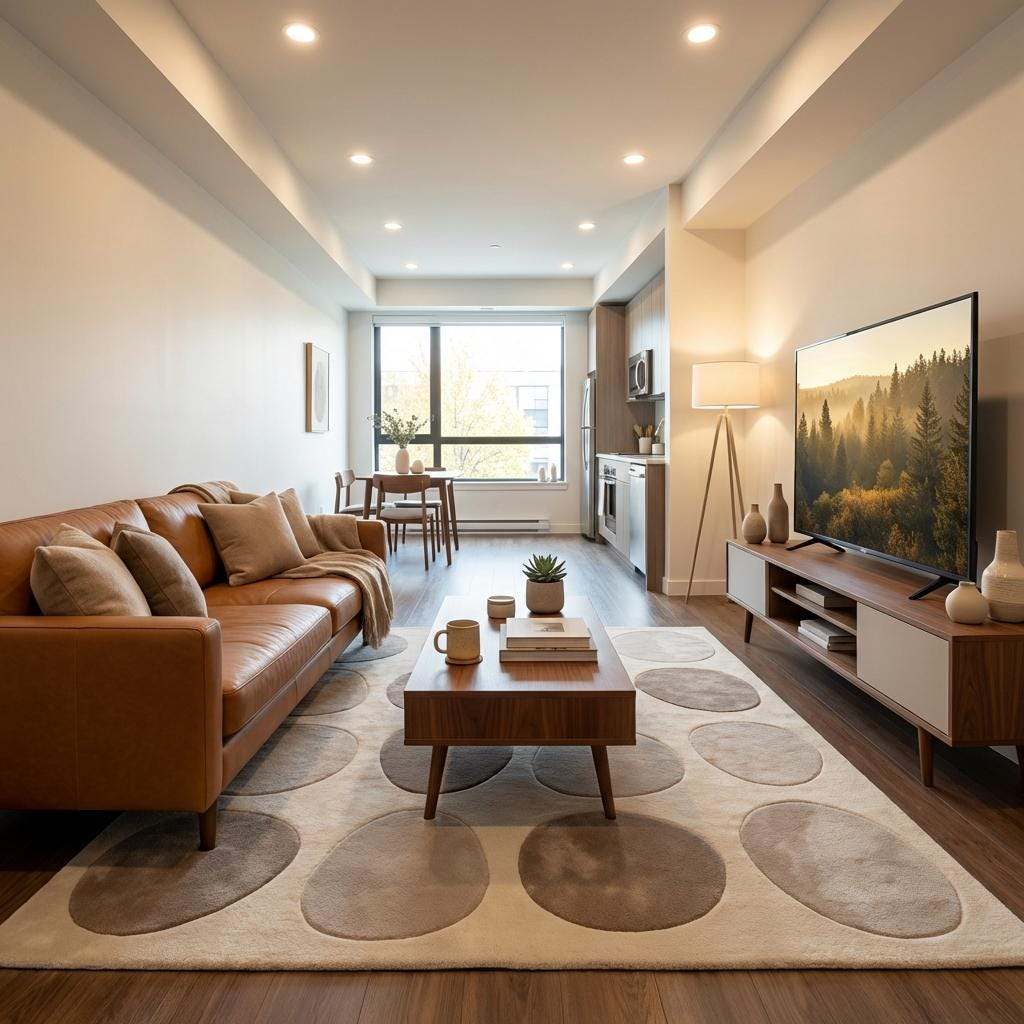 Modern pebble pattern tufted wool rug with neutral tones in living room setting