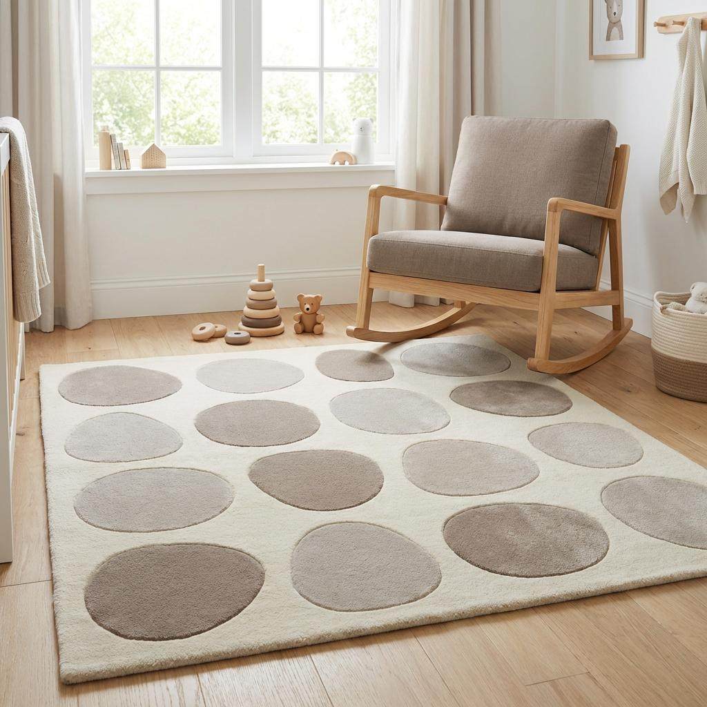 Modern pebble pattern tufted wool area rug with neutral tones in minimalist living room setting