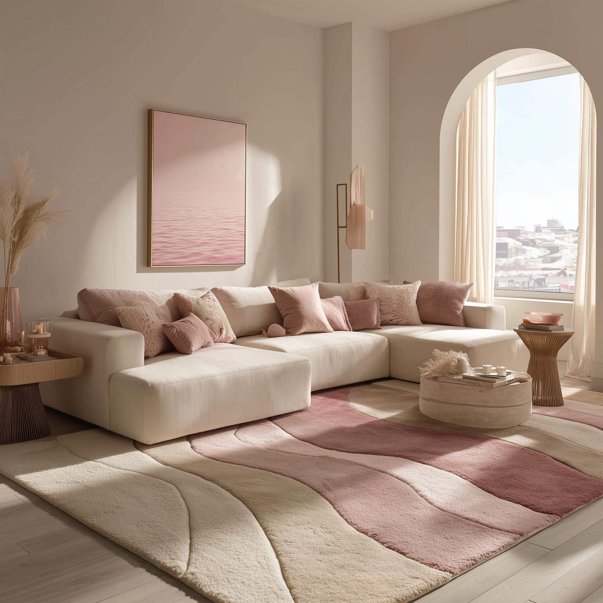 Blush pink wave pattern area rug placed under cream sectional sofa in modern living room décor