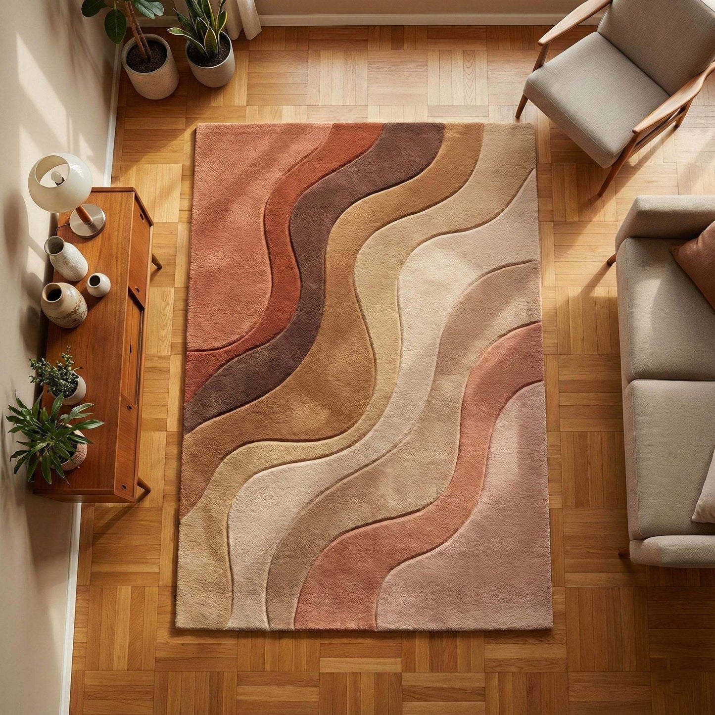Modern wavy tufted area rug with warm earth tones and abstract mid-century design in living room