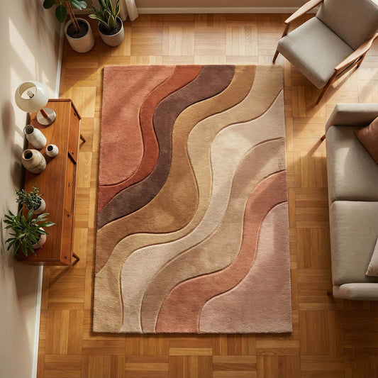 Hand tufted mid century modern abstract area rug with sculpted wavy design in warm neutral colors
