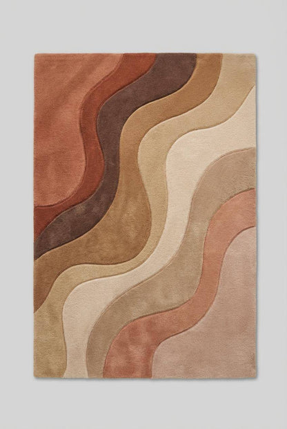 High pile wool rug with retro wavy pattern styled in modern living room