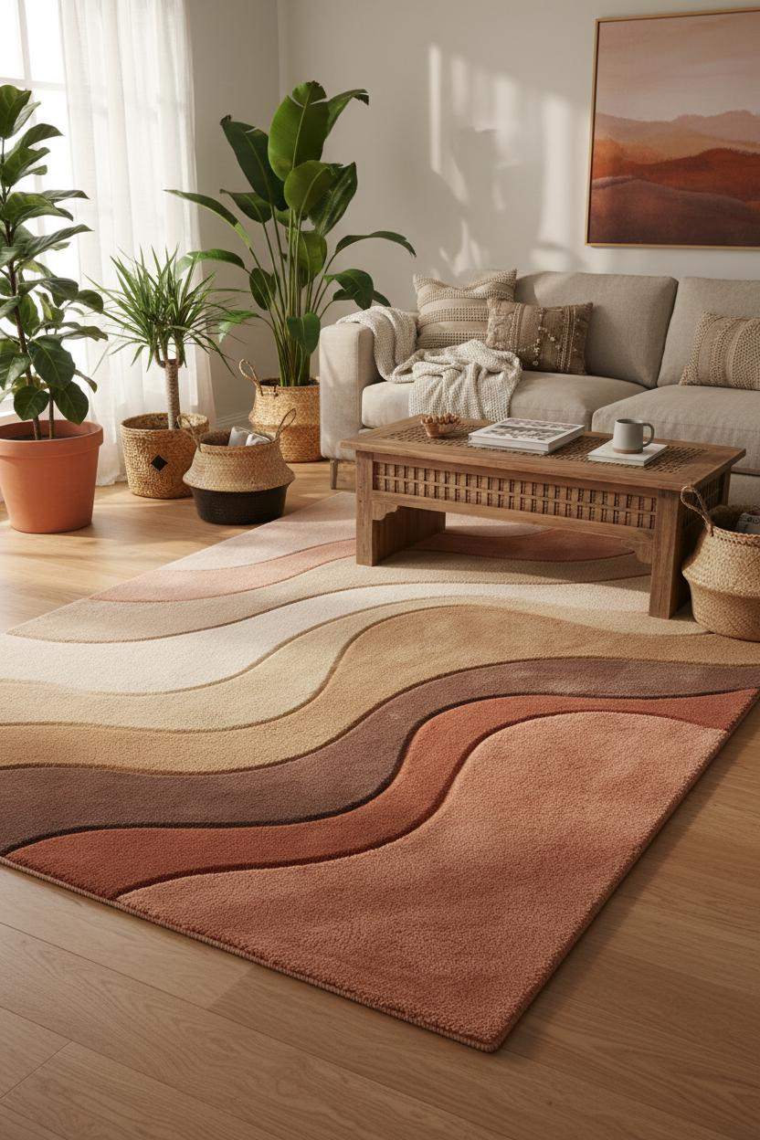 Modern abstract living room rug in terracotta beige and cream tones