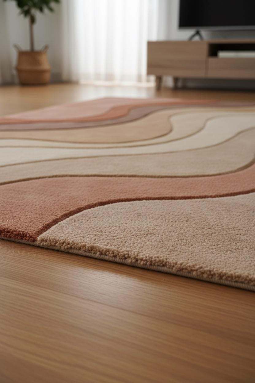 Sculpted carved wool area rug with mid century modern design