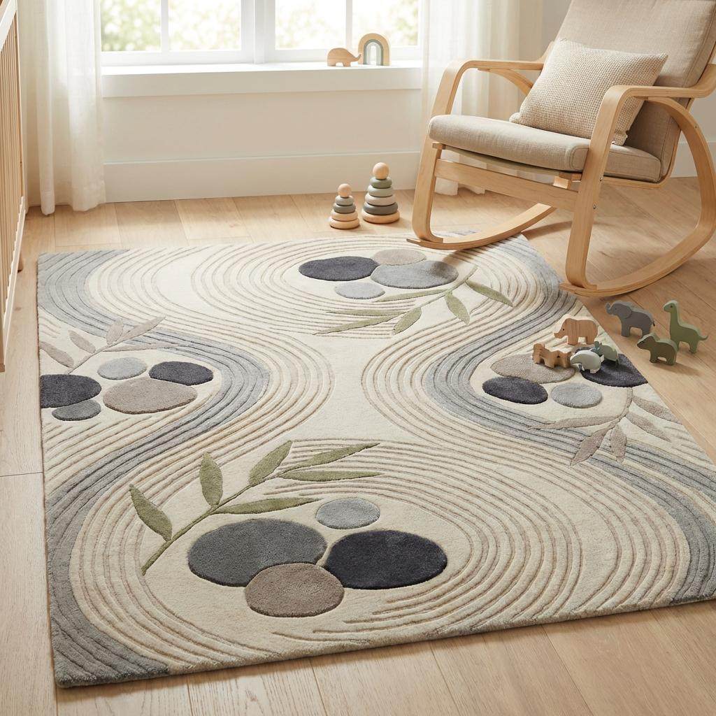 Soft neutral textured rug in nursery-style space adding warmth, comfort, and calming natural design under baby play area