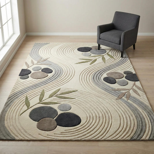 Modern Zen area rug with abstract stone pattern styled under gray armchair in bright minimalist living room with wood flooring and neutral décor