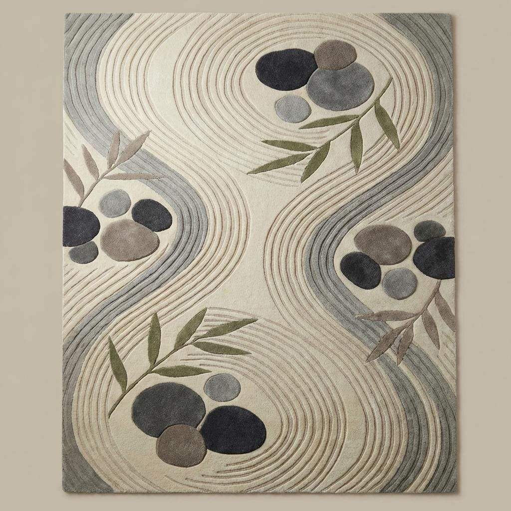 Top-down view of neutral Japandi rug with flowing lines, pebble shapes, and botanical accents in cream, gray, and sage tones