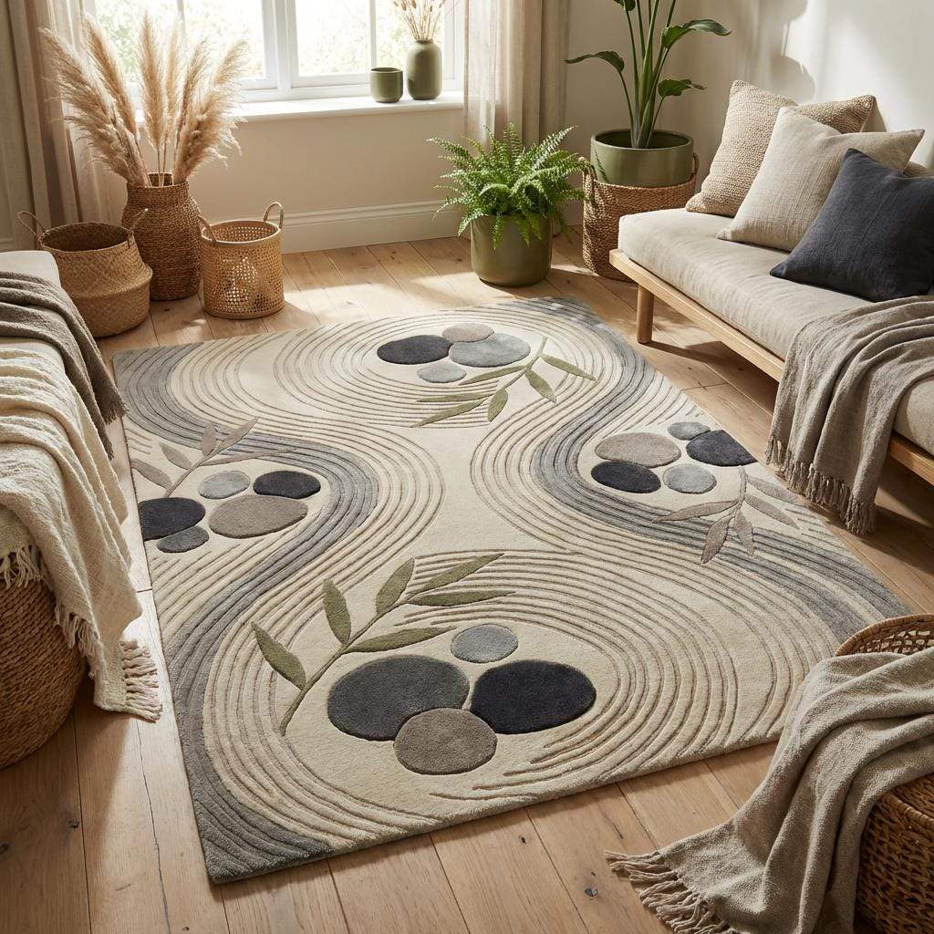 Neutral abstract area rug in contemporary living room setup creating calm spa-like atmosphere with modern furniture