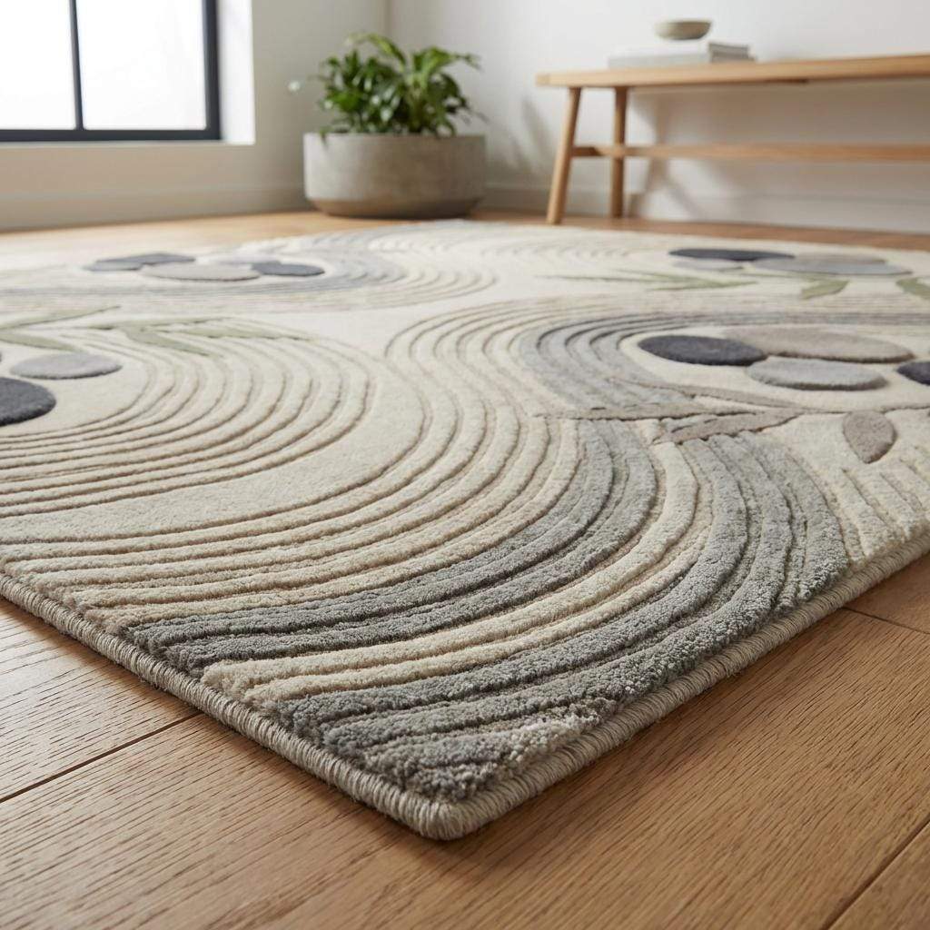 Detailed view of rug corner showing carved texture, smooth edges, and layered pattern depth in modern minimalist carpet