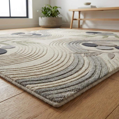 Detailed view of rug corner showing carved texture, smooth edges, and layered pattern depth in modern minimalist carpet