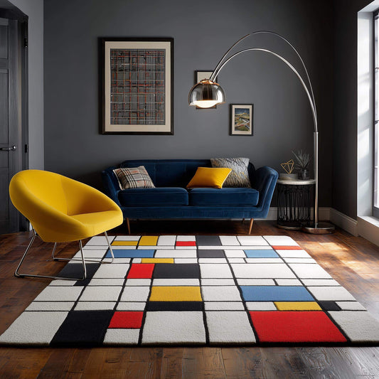 Mondrian inspired geometric wool rug with bold red, yellow, blue, black, and white color blocks, hand-tufted for modern home décor.