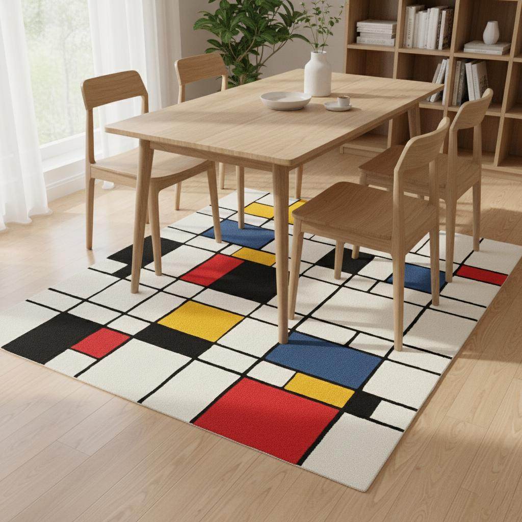 Abstract geometric wool area rug with Bauhaus-inspired design, perfect for contemporary home décor and statement interiors.