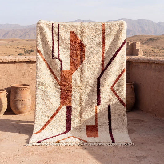 Moroccan abstract rug with ivory plush pile and rust terracotta tribal lines