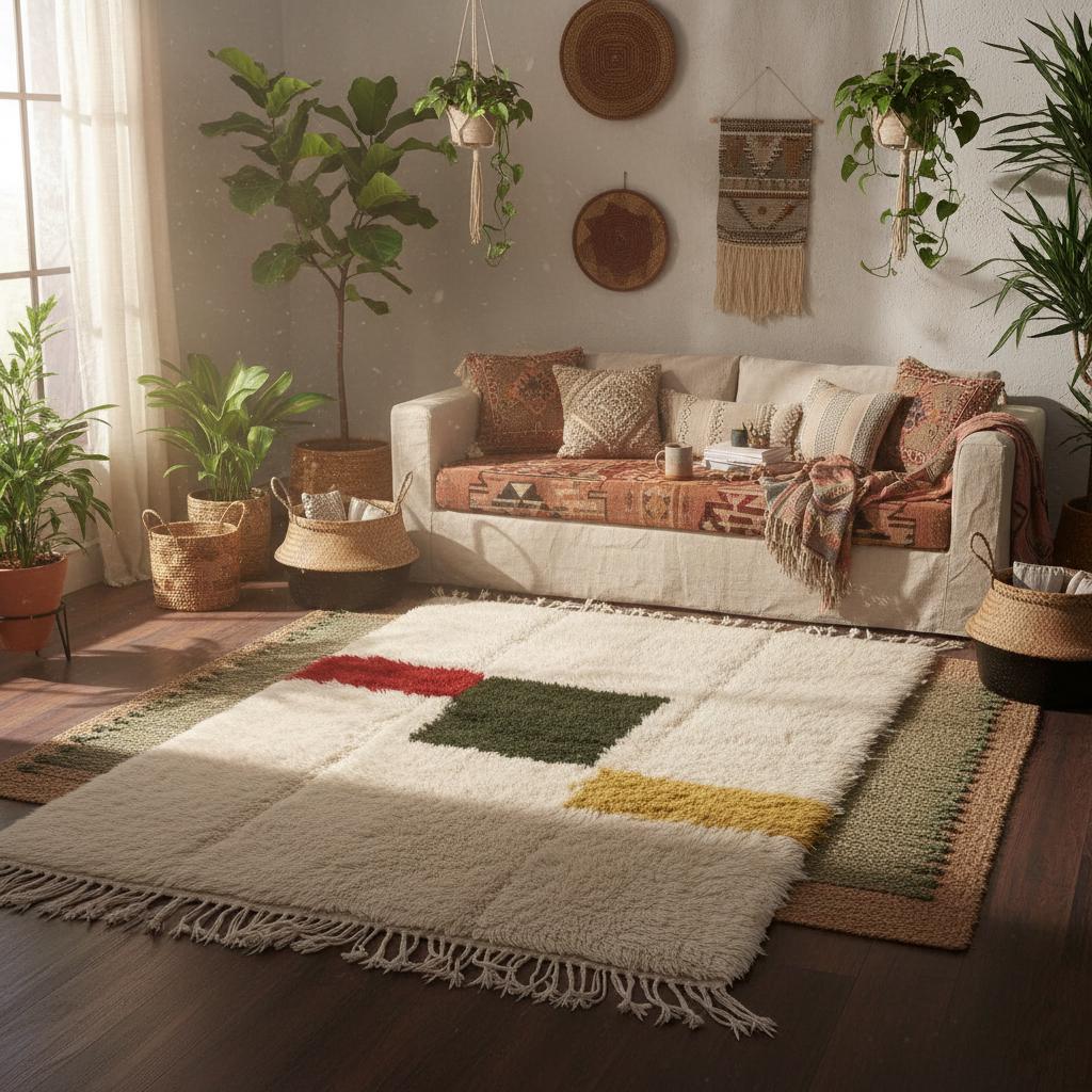 Moroccan Beni Ourain Wool Rug – Ivory Shag with Abstract Color Blocks